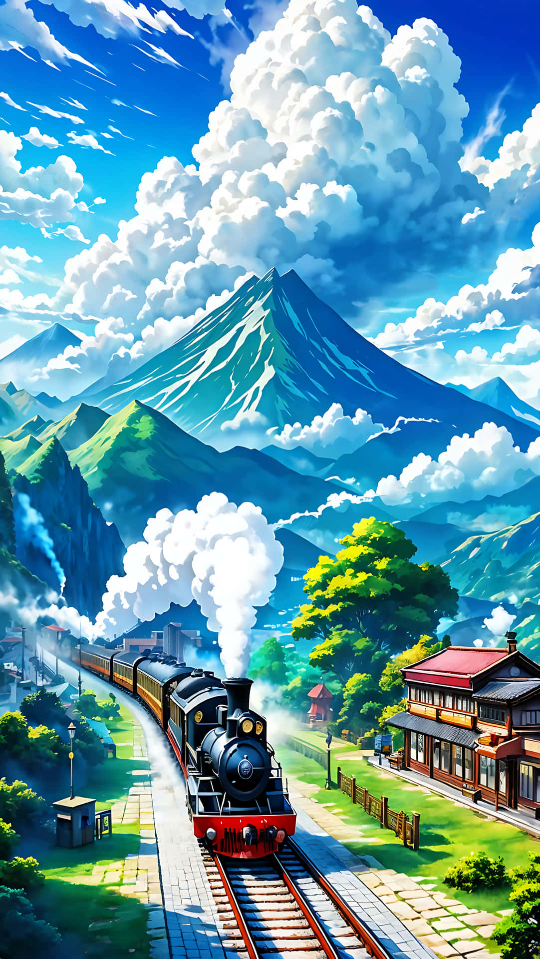 一輛蒸汽火車穿過風景如畫的山谷，山谷中有傳統的日本建築和遠處的雪山頂。 — 動漫 壁紙