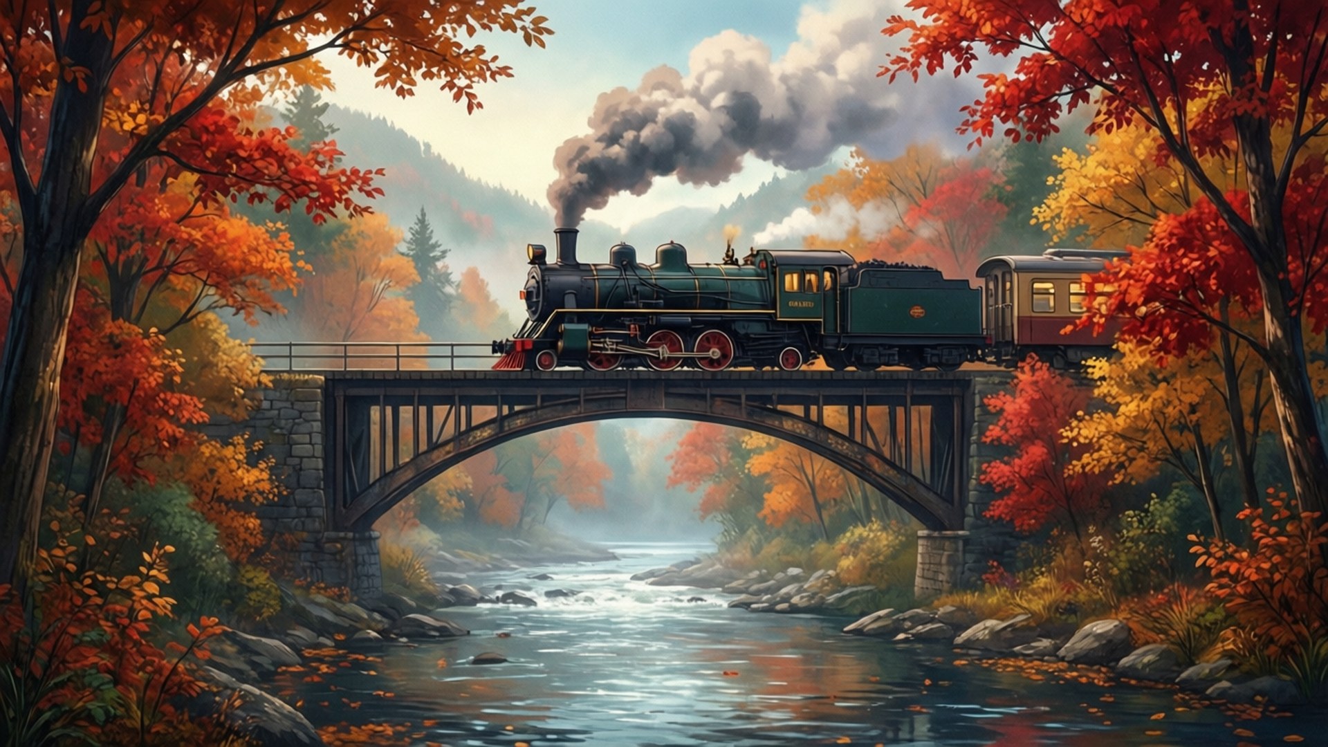 Autumn Train Bridge 壁紙 — 一列蒸汽火車穿過一座石橋，橋下是河流，周圍是充滿活力的秋葉。