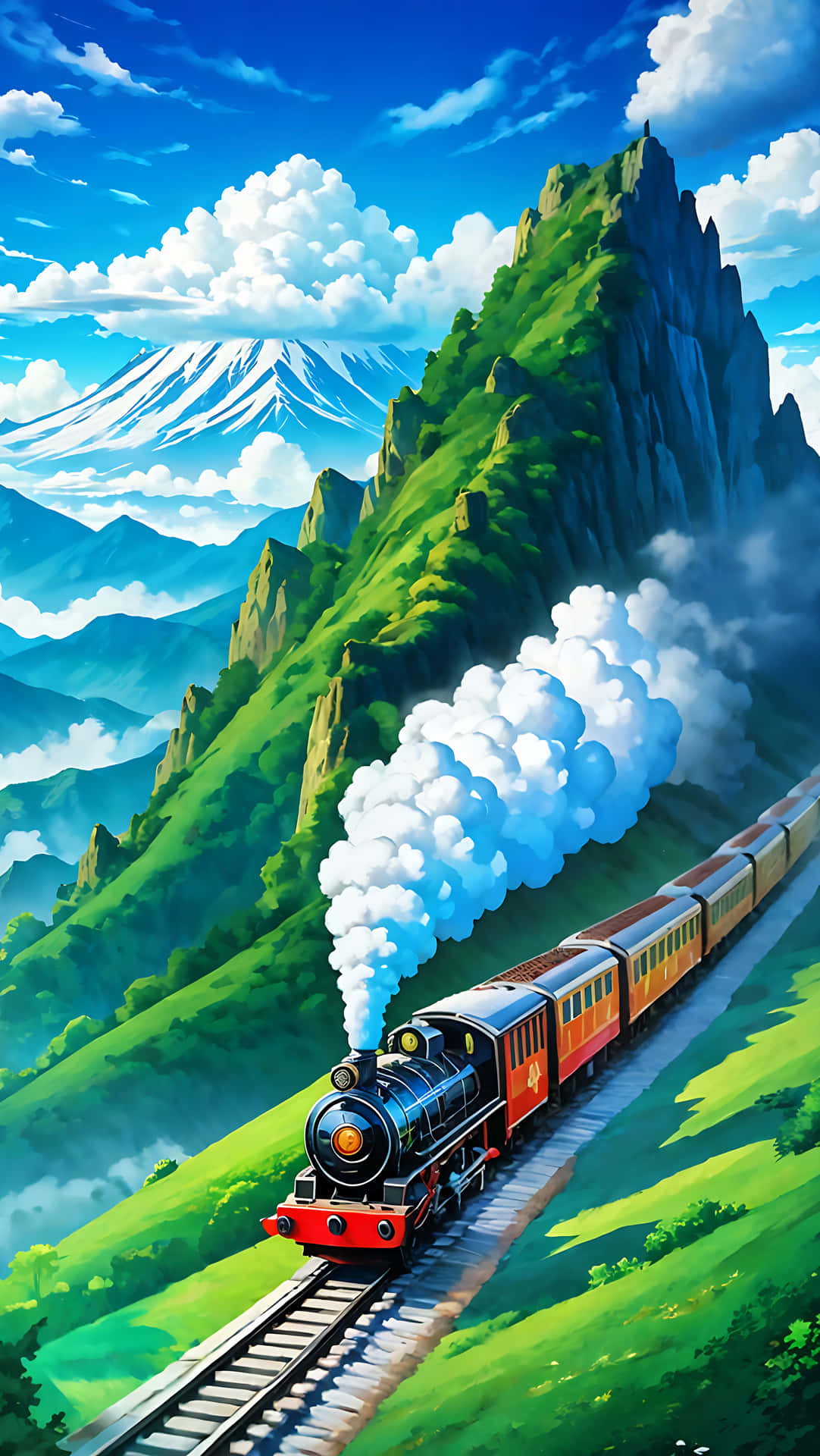 一列蒸汽火車穿過綠色山脈，背景有白雪覆蓋的山峰。 — 4K 壁紙