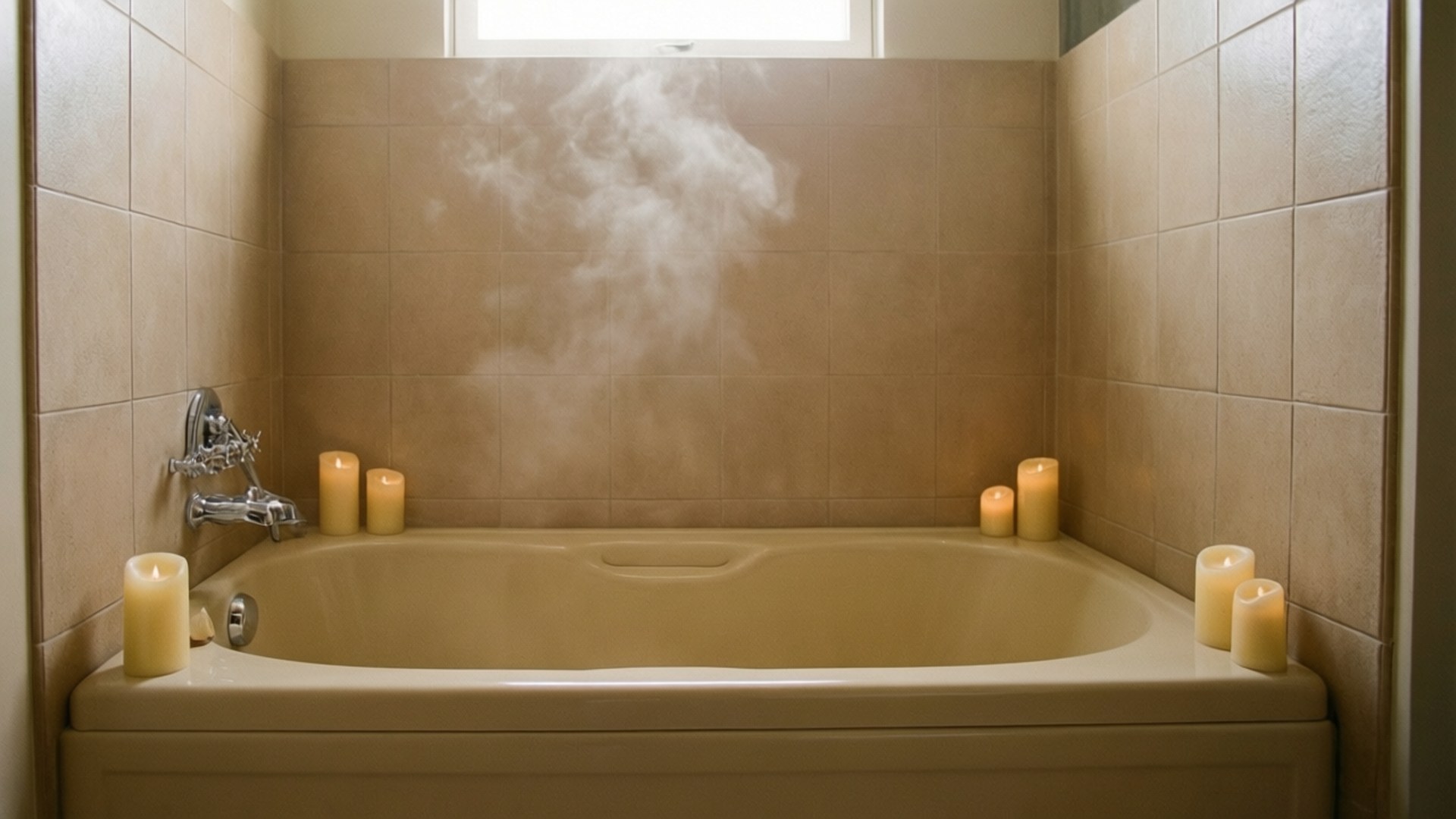 Beige Spa Bathroom 壁紙 — 一個冒著蒸汽的浴缸，周圍環繞著點燃的蠟燭，位於鋪有瓷磚的浴室中，窗戶透入自然光。