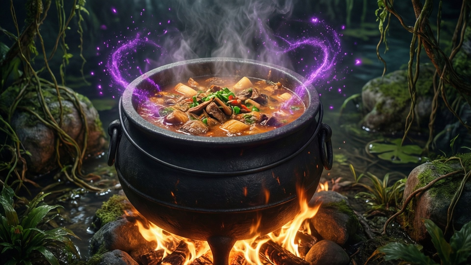 一個魔法鍋在黑暗魔法森林的營火上沸騰。