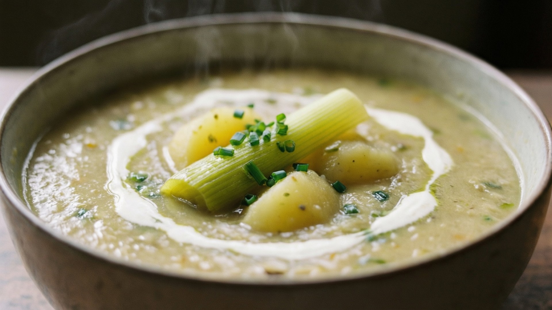Leek 桌布 壁紙 — 一碗冒煙的奶油馬鈴薯韭菜湯，配上新鮮細香蔥和奶油漩渦裝飾。