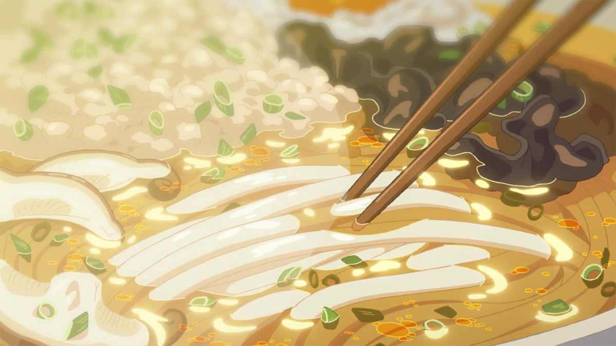  壁紙 — 一碗冒煙的拉麵，筷子夾起麵條，配上蔥花和深色蘑菇，湯底濃郁。