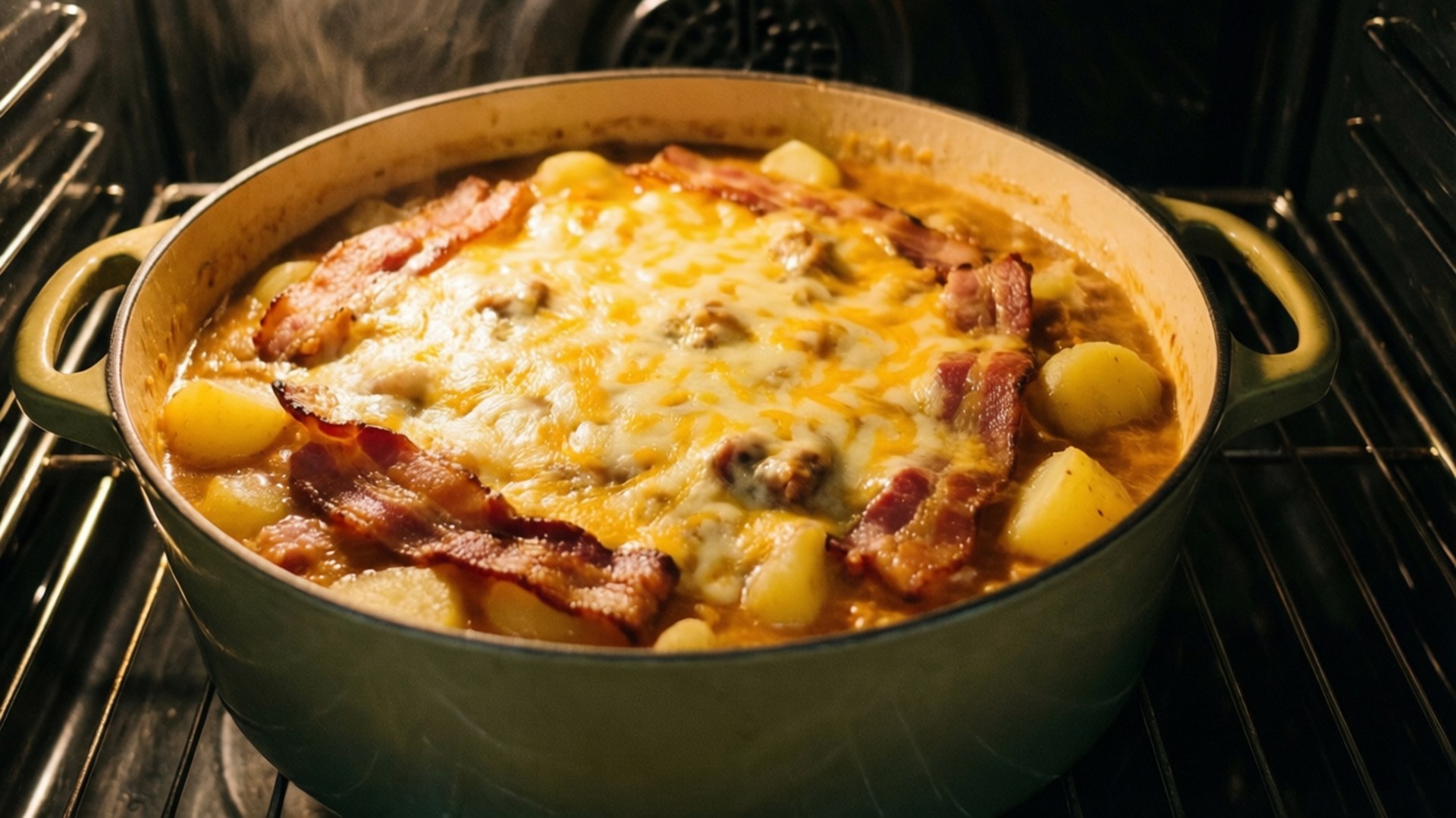 Bacon Potato Cheese Chowder 壁紙 — 一個冒著熱氣的砂鍋菜，裡面有融化的起司、培根和馬鈴薯，在綠色荷蘭鍋內於烤箱中烘烤。