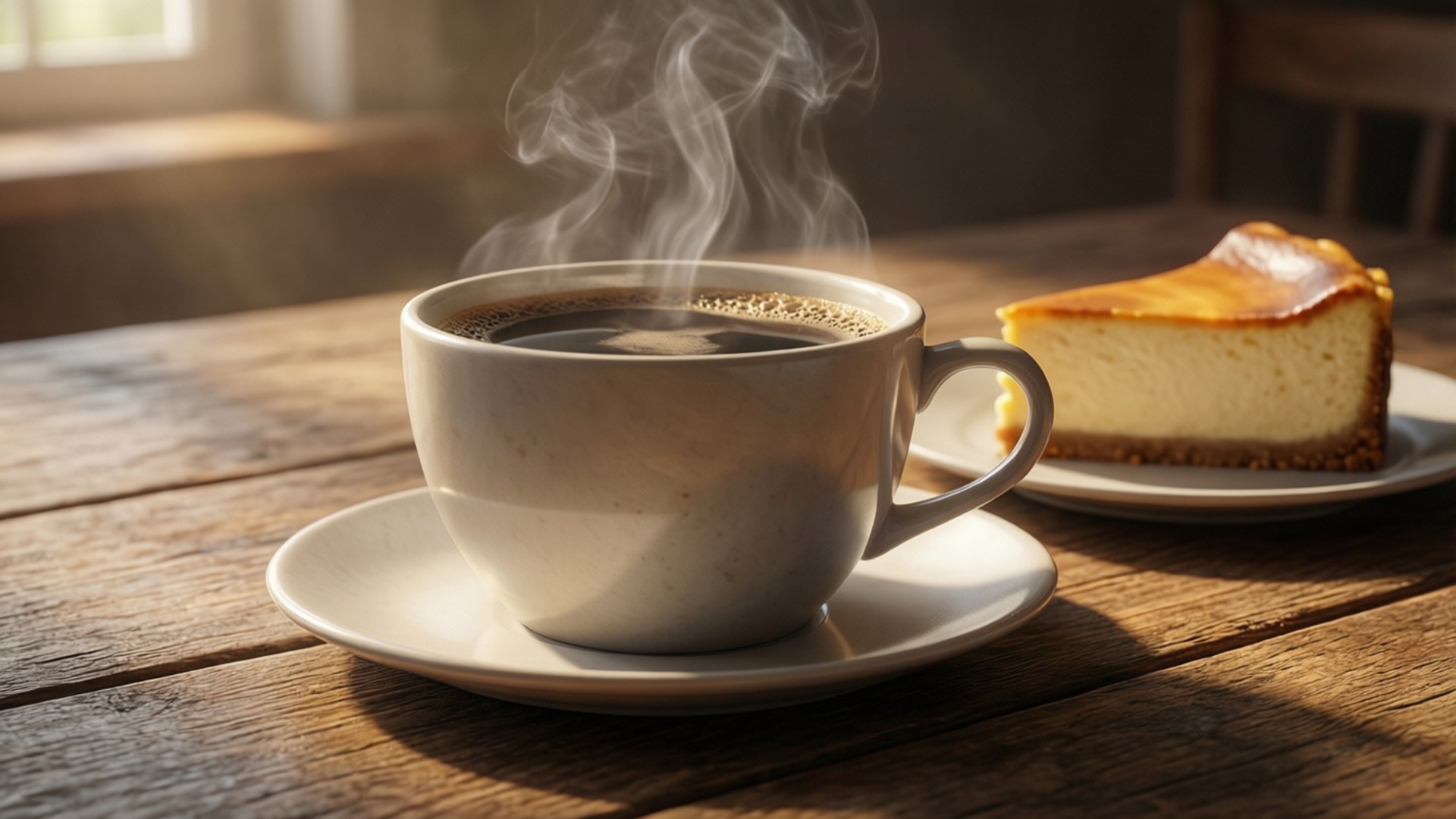 Morning Coffee Cake 壁紙 — 一杯冒煙的咖啡和一片起司蛋糕放在陽光照射的木桌上。