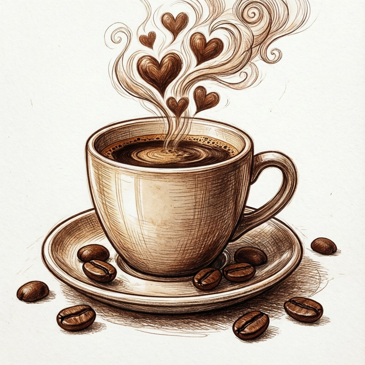 Coffee Doodle Warmth 壁紙 — 一杯冒煙的咖啡在散落咖啡豆環繞的碟子上方散發出心形蒸汽漩渦。
