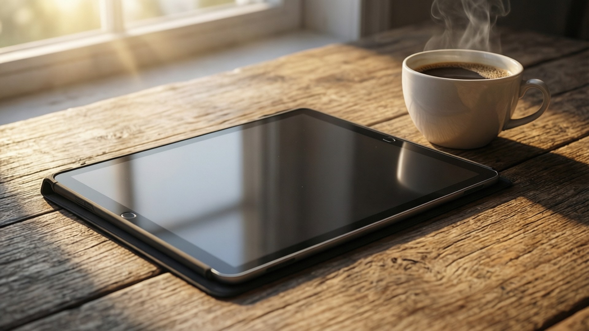 Morning Coffee Tablet 壁紙 — 一杯冒煙的咖啡放在平板電腦旁邊，位於窗邊一張陽光普照的鄉村風格木桌上。
