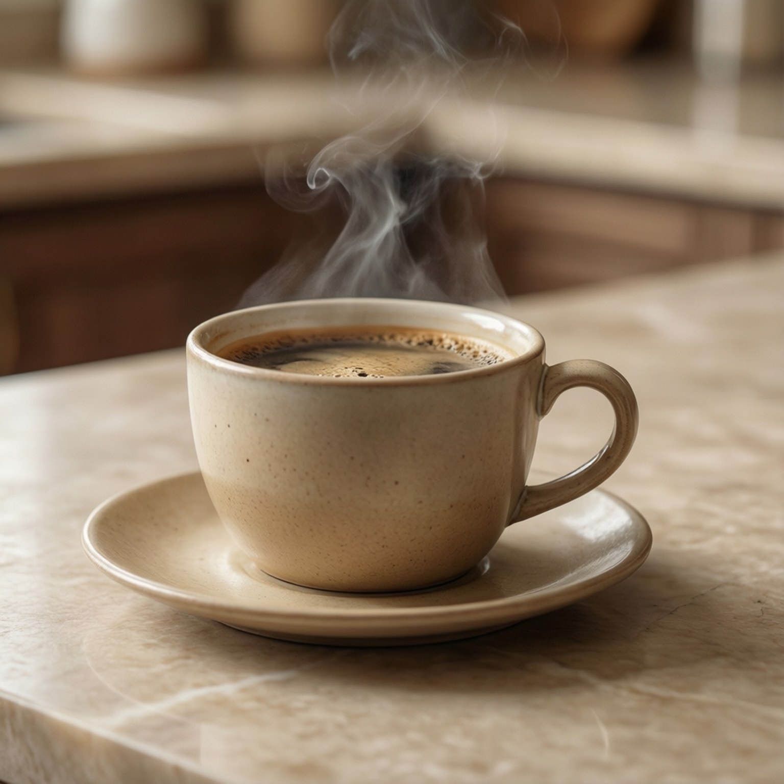 Beige Coffee Moment 壁紙 — 一杯冒煙的黑咖啡放在帶斑點的米色陶瓷杯中，擱在配套的碟子上，置於大理石檯面上。