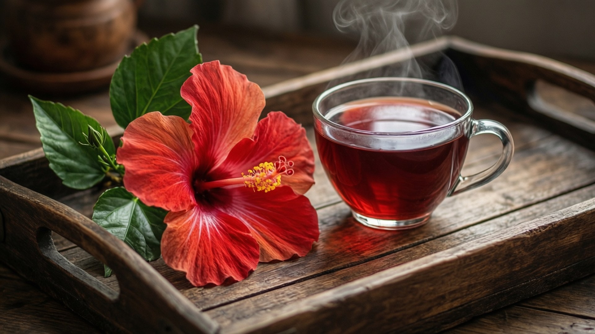 Hibiscus Tea Time 壁紙 — 一杯冒煙的深色茶旁邊放著一朵鮮紅色的木槿花，在一個質樸的木托盤上。