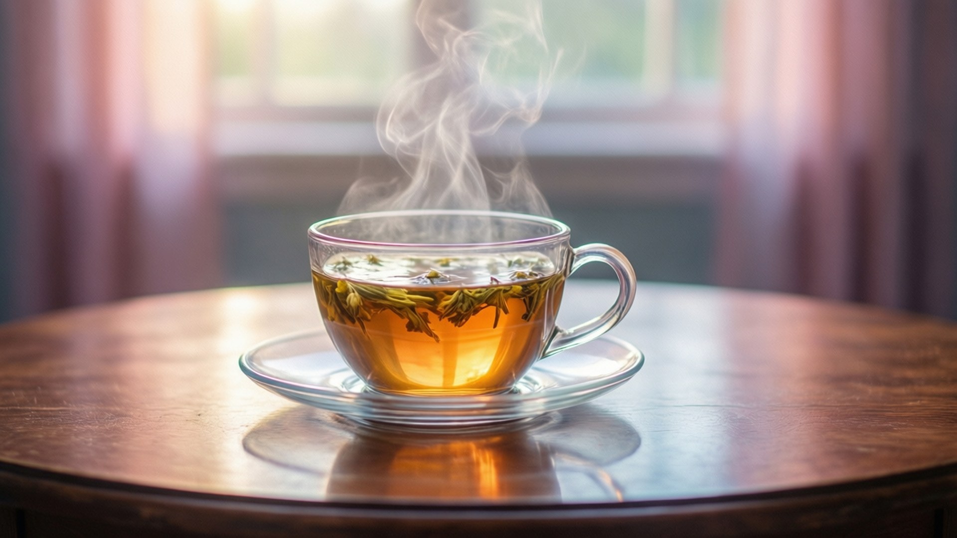Cozy Morning Tea 壁紙 — 一杯冒著熱氣的草本茶，茶葉漂浮，放在靠近陽光窗戶的木桌上。