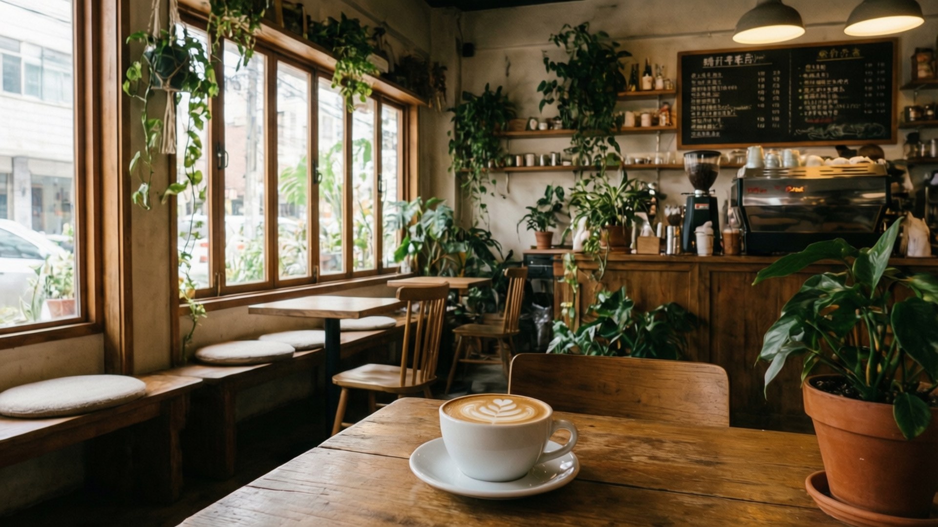 Cozy Coffee Shop 壁紙 — 一杯冒著熱氣的拉花咖啡放在鄉村風格的木桌上，咖啡館陽光充足，充滿了茂盛的綠色植物和溫暖的木製家具。