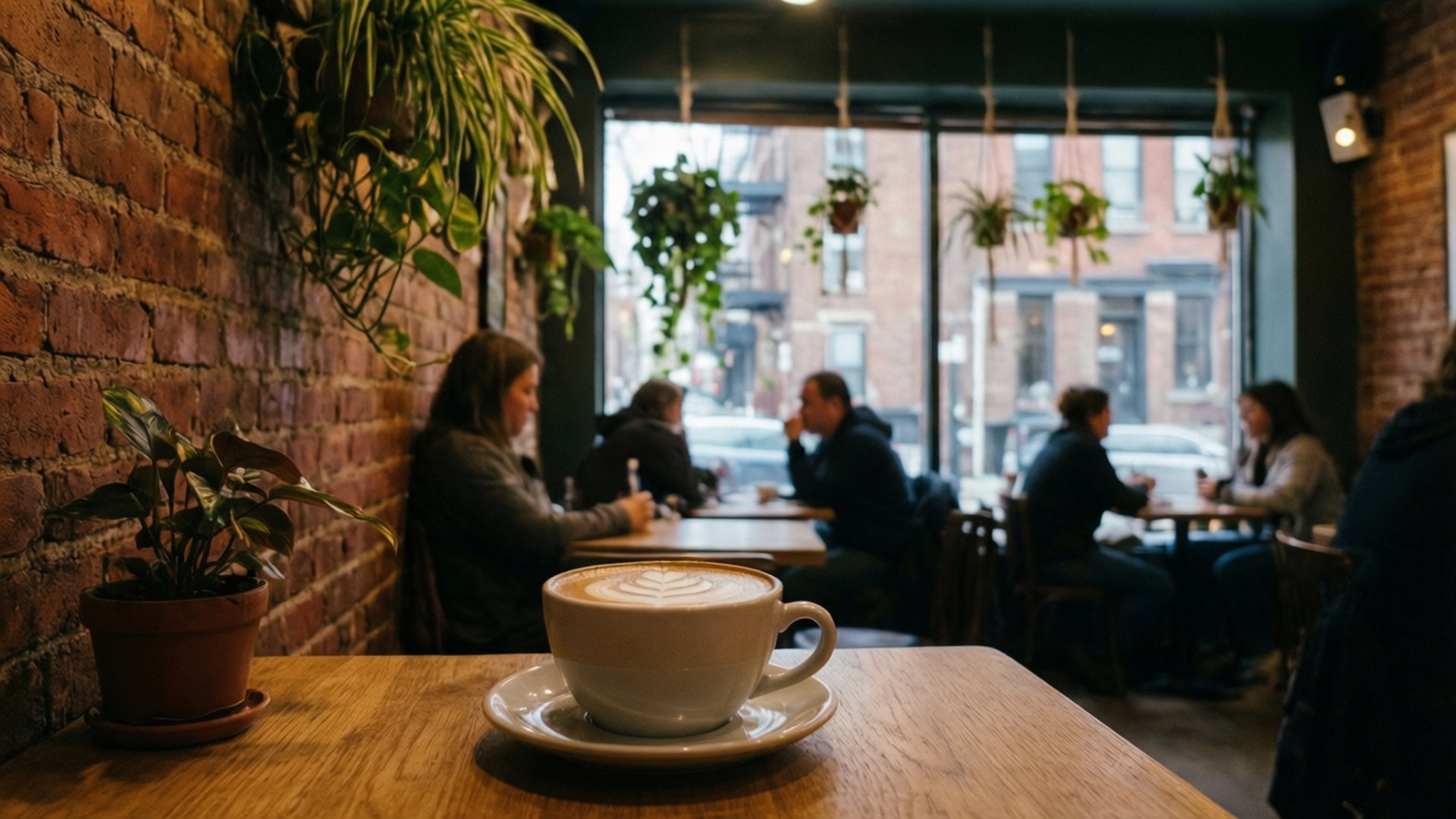 Mile End Café Cozy 壁紙 — 一杯冒煙的拿鐵咖啡帶有葉子藝術，放在木桌上，旁邊有一盆植物，背景是質樸的磚牆，在舒適的咖啡館裡。