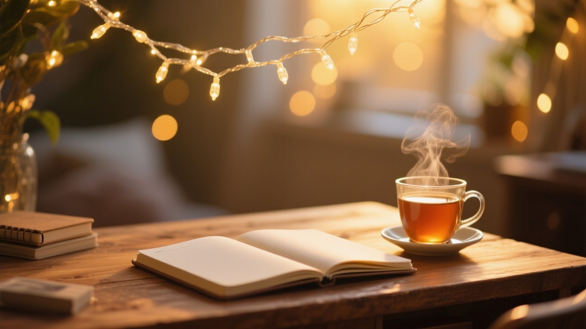Cozy Corner Desk 壁紙 — 一杯冒煙的茶放在木桌上，旁邊有一本打開的書，上方有溫暖的燈串。