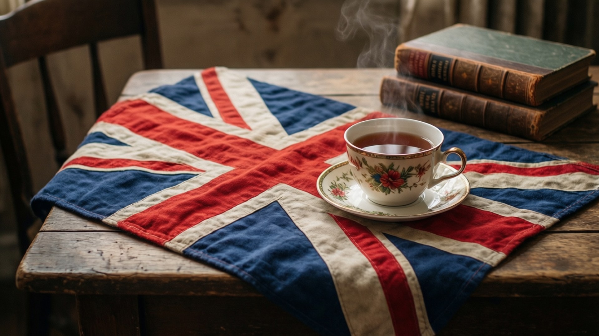 Union Jack Cozy 壁紙 — 一杯冒煙的茶放在花卉圖案碟子上，碟子放在英國國旗布上，旁邊是堆疊的復古書籍，放在質樸的木桌上。