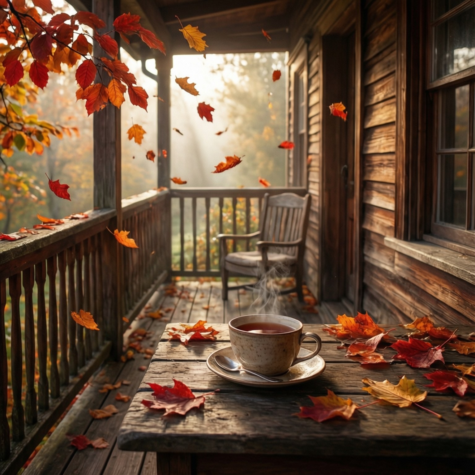 Porch Autumn Morning Outlook 壁紙 — 一杯冒煙的茶放在一個風化的木門廊桌上，周圍是飄落的秋葉和溫暖的金色光線。