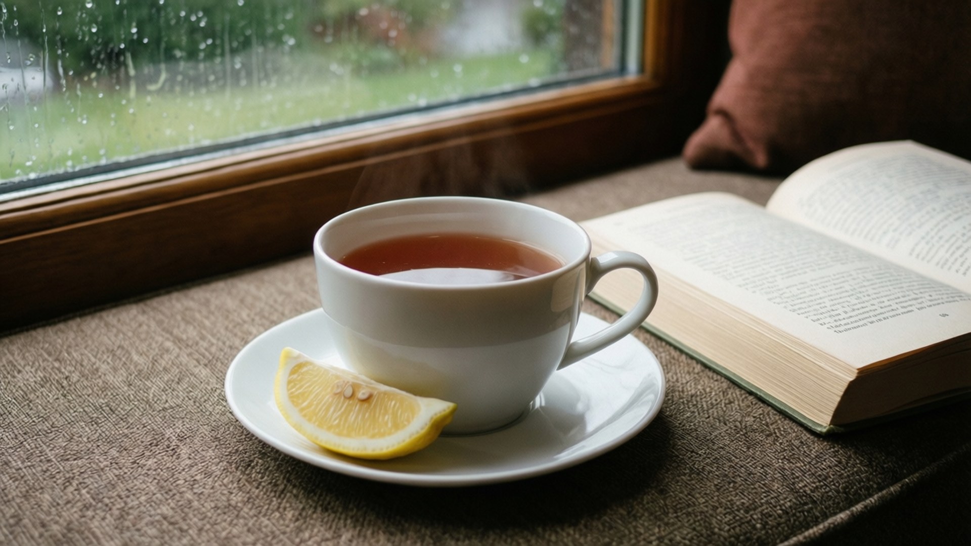 Rainy Day Tea Friday 壁紙 — 一杯冒煙的茶配上一片檸檬，放在窗台上的一本打開的書旁邊，雨水在玻璃上流淌。