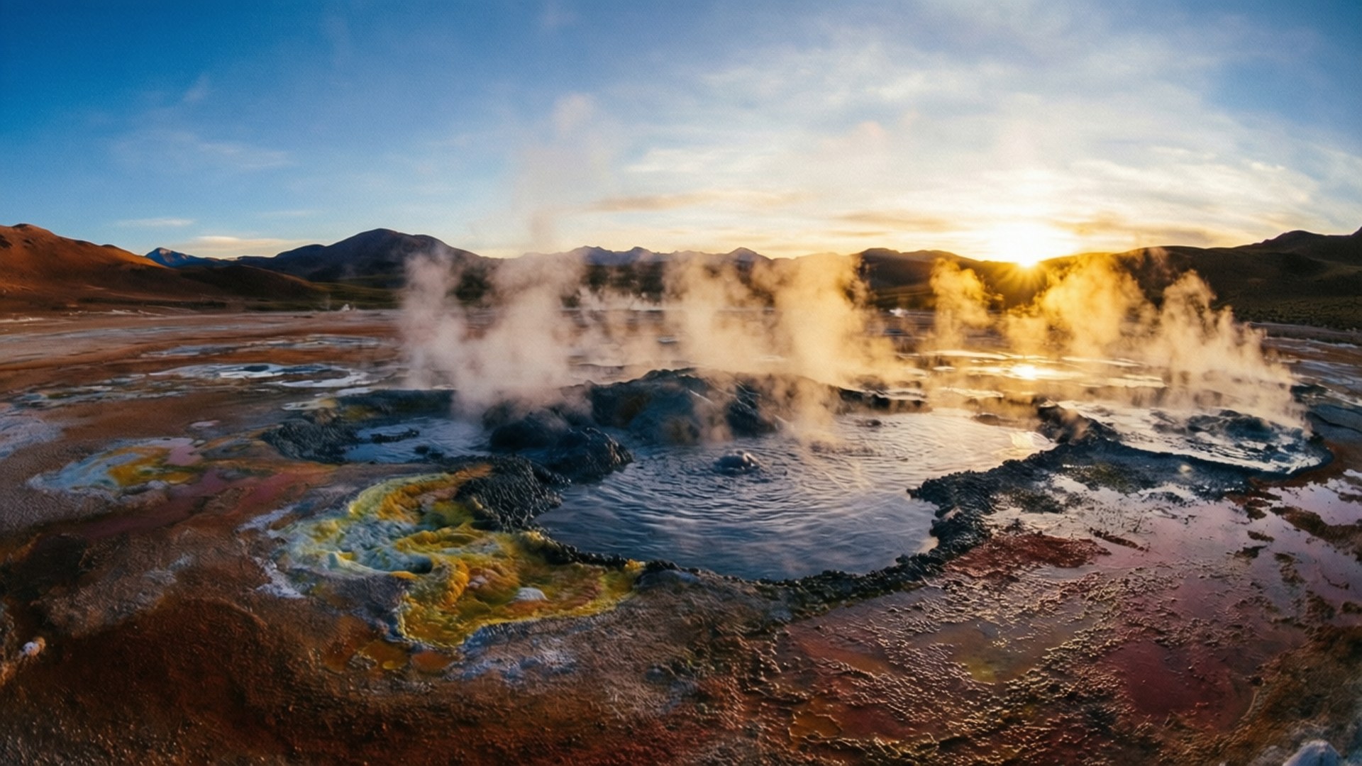 El Tatio Geysers 壁紙 — 日出時冒著蒸汽的地熱池，帶有鮮豔的礦物沉積物和遠處的山脈，在金色天空下。