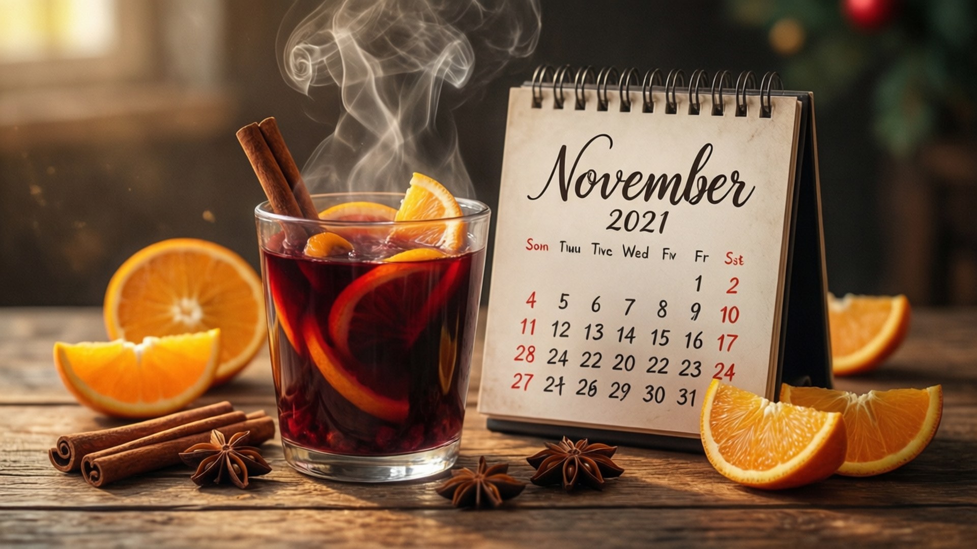 Mulled Wine November 壁紙 — 一杯冒著熱氣的香料熱紅酒，搭配柳橙片和肉桂棒，放在一張質樸的木桌上，旁邊是2021年11月的日曆。