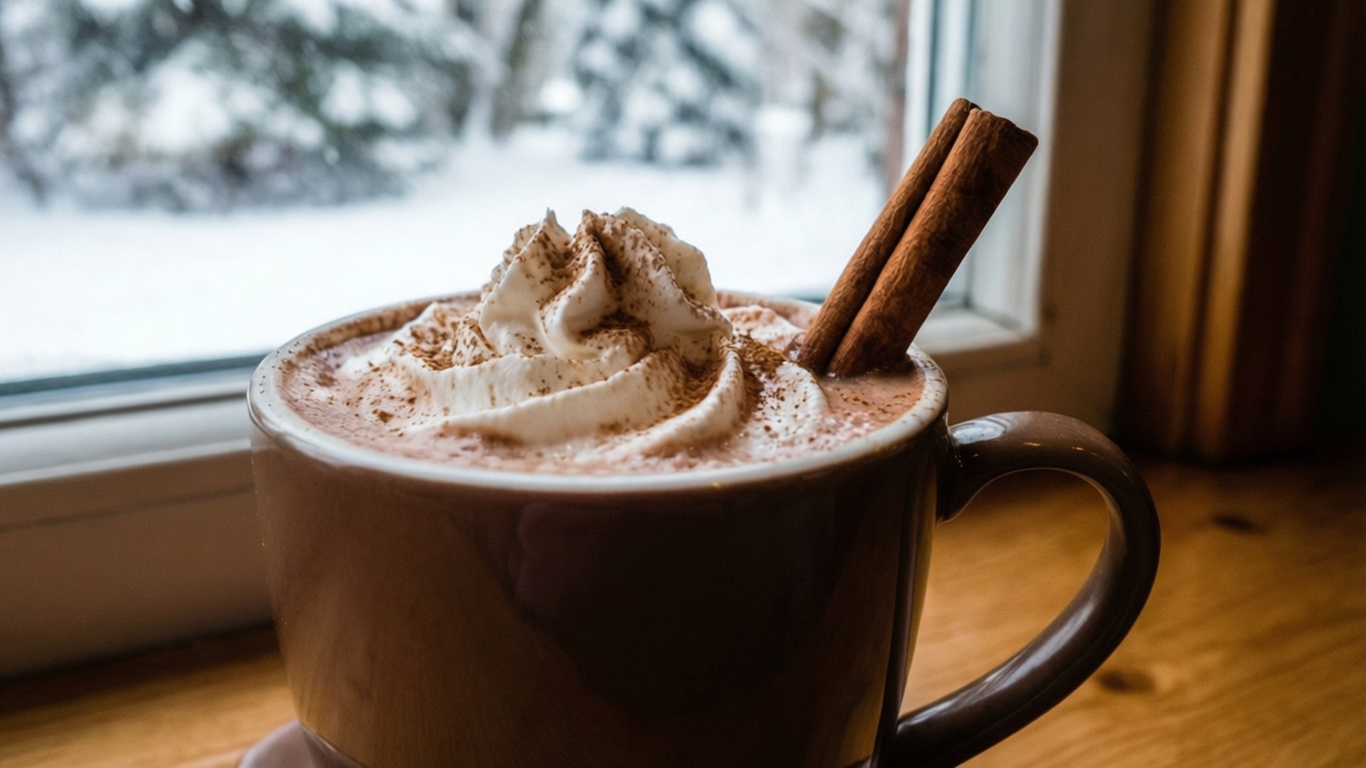 Hot Cocoa Comfort 壁紙 — 一杯冒煙的熱巧克力，上面有鮮奶油和肉桂棒，放在雪景窗邊。