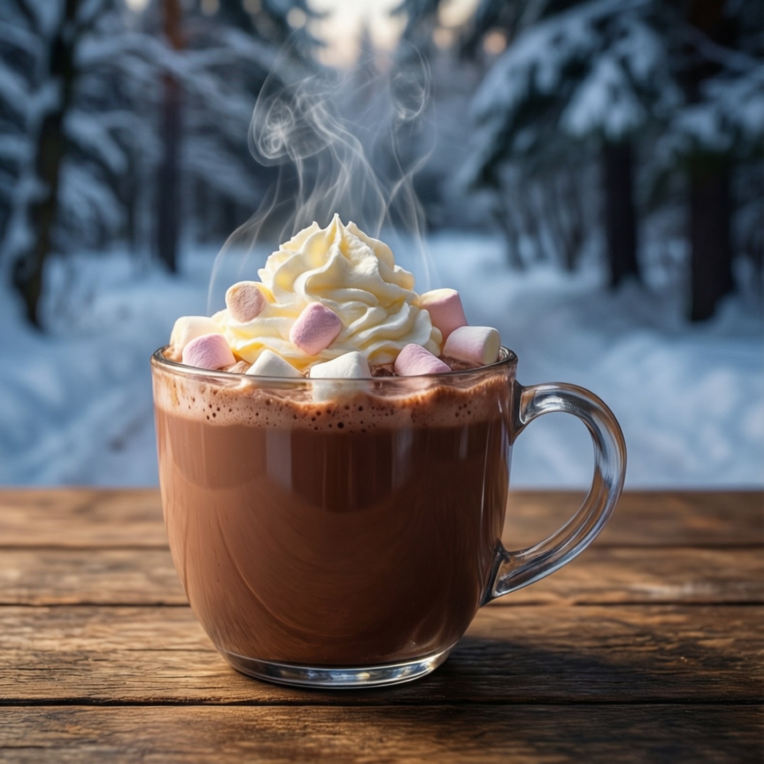 Hot Cocoa Winter 壁紙 — 一杯冒煙的熱巧克力，上面有鮮奶油和彩色棉花糖，放在木桌上，背景是白雪覆蓋的森林。
