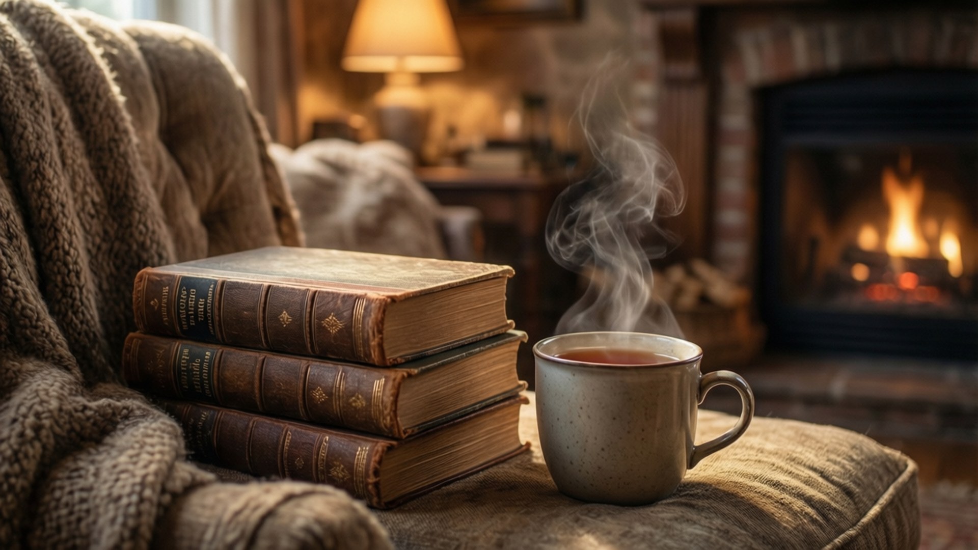 Warm Reading Corner 壁紙 — 一杯冒煙的茶放在一堆復古書籍旁邊，這些書籍放在一個舒適的扶手椅上，靠近噼啪作響的壁爐。