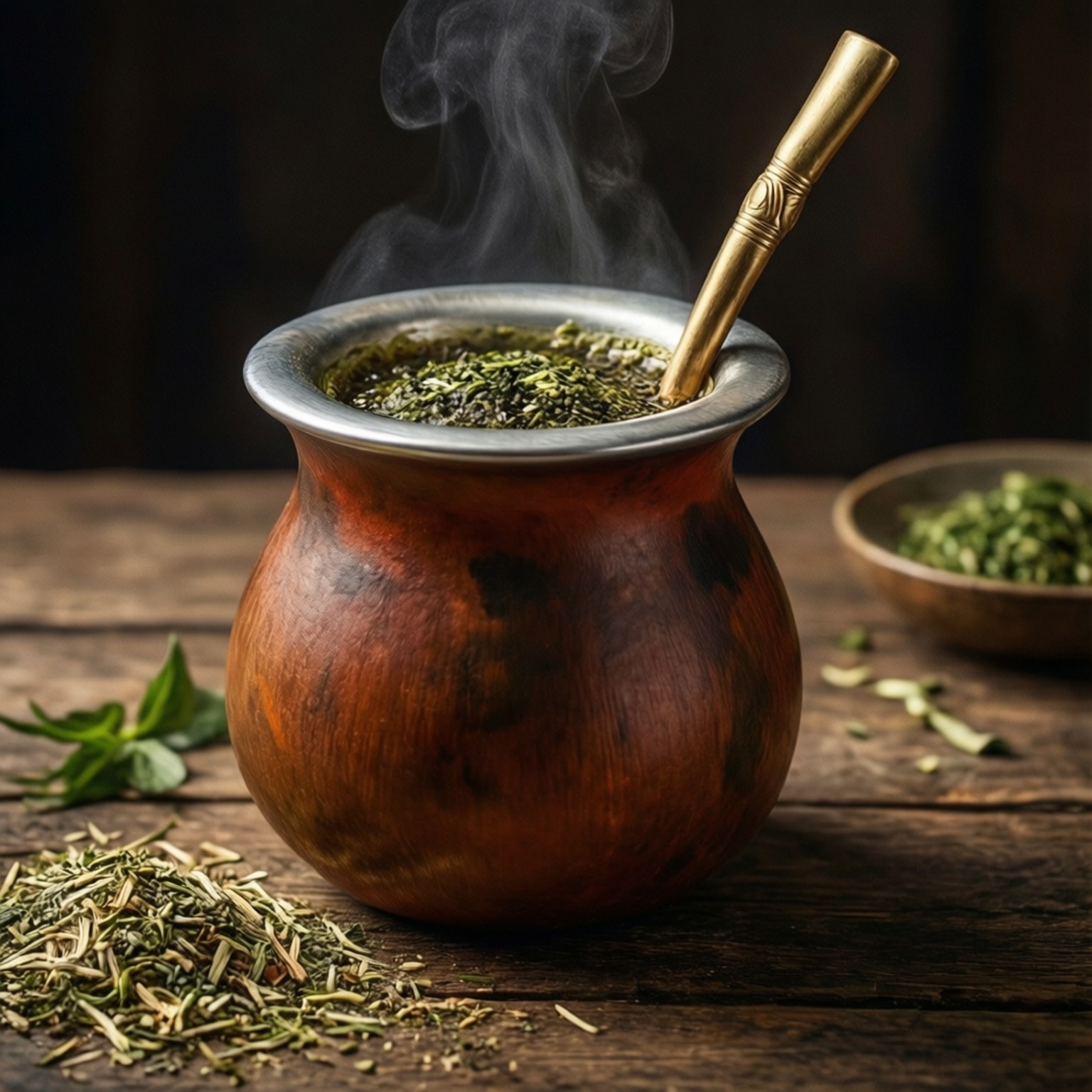 Argentina 壁紙 — 一個冒著蒸氣的傳統馬黛茶杯，配以金色吸管，放在一張質樸的木桌上，周圍散落著鬆散的馬黛茶葉。