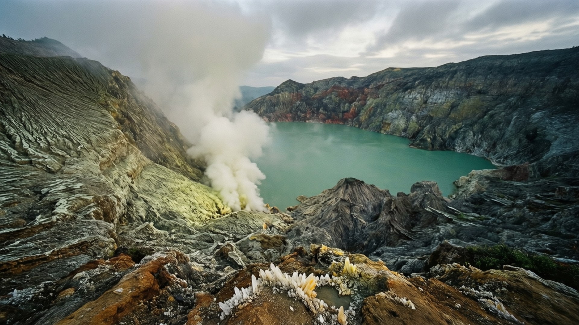 Tangkuban Perahu Crater 壁紙 — 在陰天天空下，一個冒著蒸汽的綠松石色火山口湖，坐落在崎嶇的灰色和赭色岩石 formations 中。