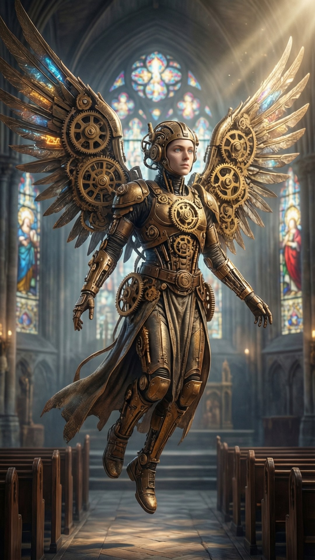 Steampunk Angel in Cathedral 壁紙 — 一個帶有黃銅齒輪翅膀的蒸氣龐克天使漂浮在由彩繪玻璃窗照亮的大教堂中。