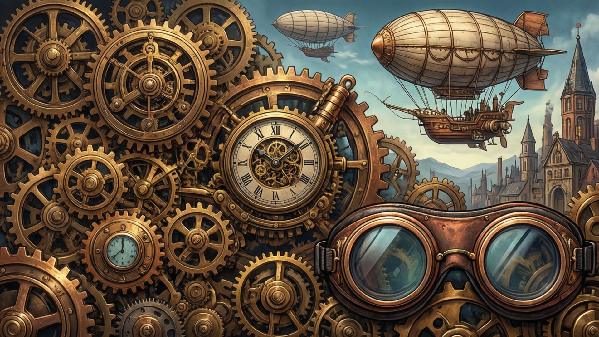 Steampunk Doodle 壁紙 — 蒸氣龐克城市景觀，黃銅齒輪、時鐘和飛船在陰天飛越哥德式塔樓。