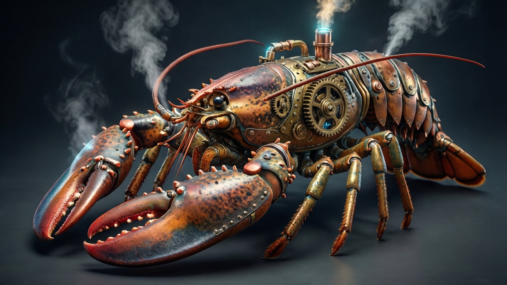 Gearpunk Lobster 壁紙 — 一隻帶有黃銅齒輪和管道的蒸氣龐克龍蝦在黑暗背景下冒著蒸氣。