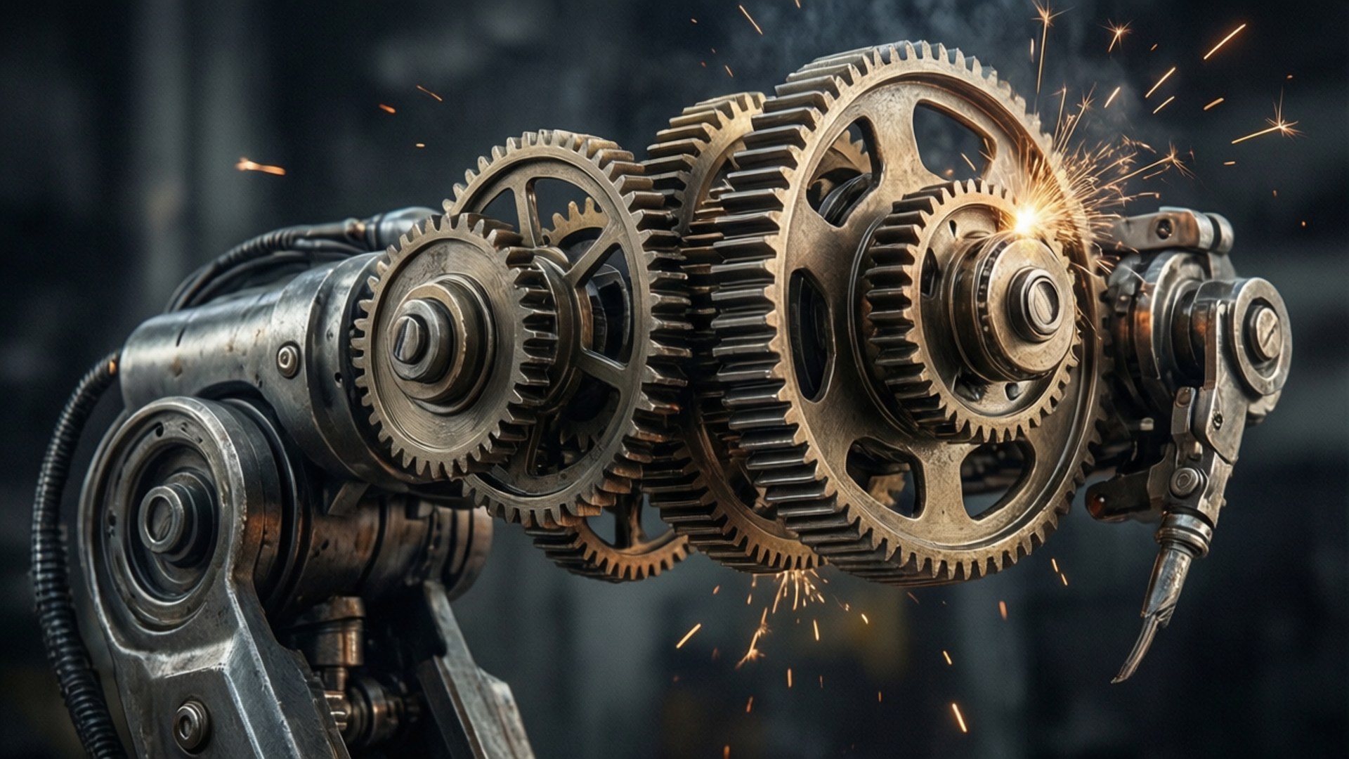 Gear Arm Close-Up 壁紙 — 一個蒸氣龐克風格的機械臂，黃銅齒輪在旋轉時迸出火花，背景是黑暗的工業環境。