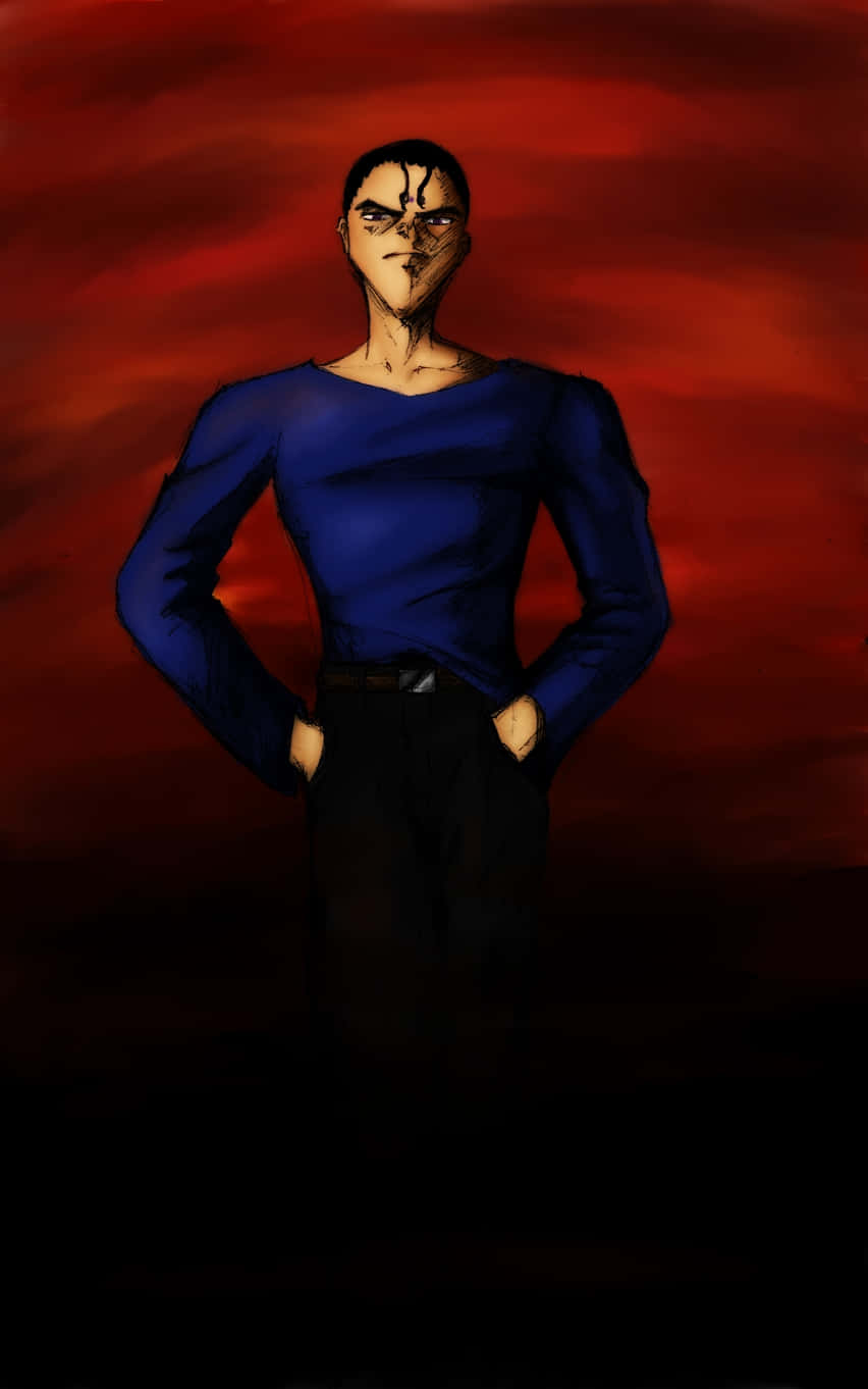 Sensui Shinobu 桌布 壁紙 — 一個嚴肅的動漫男人穿著藍色襯衫，雙手插袋，站在火紅的天空前。
