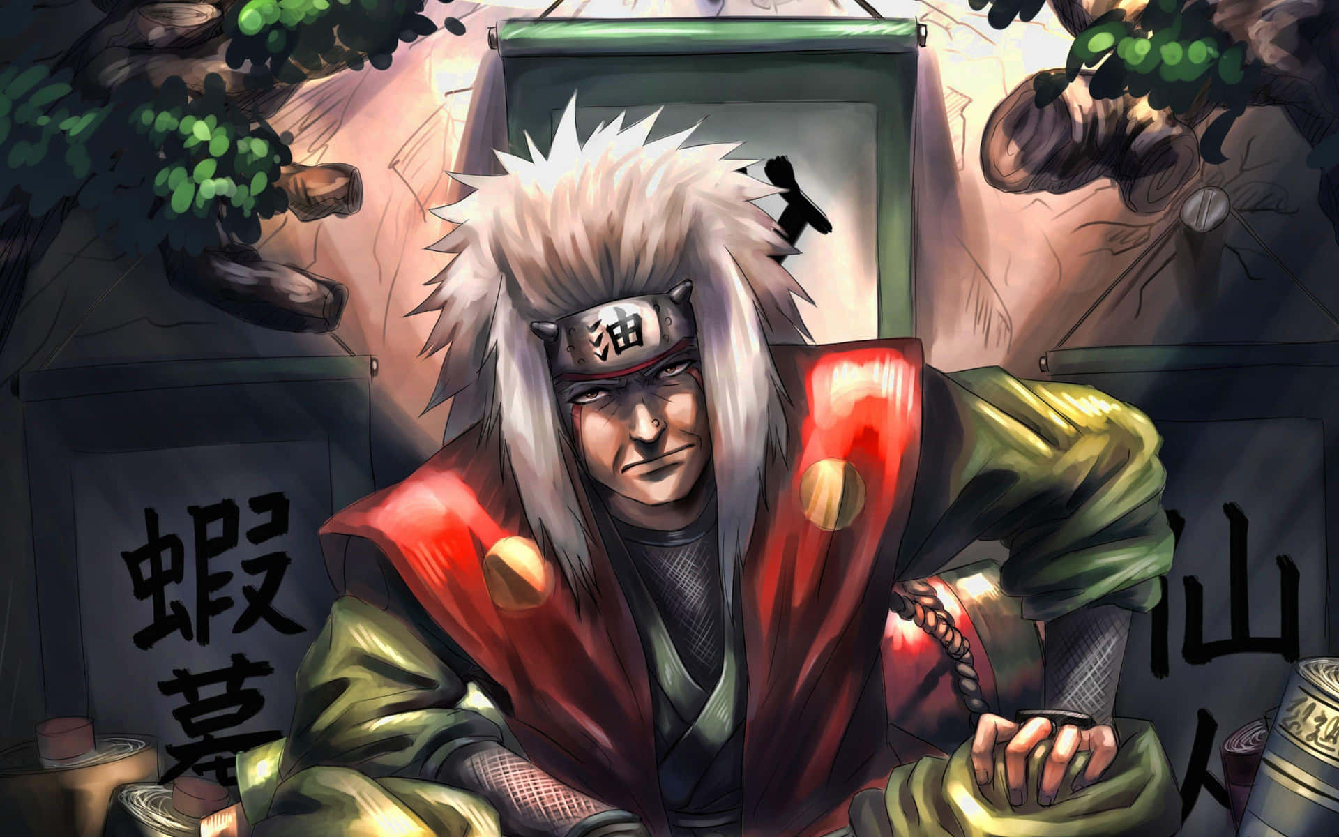  壁紙 — 一個嚴肅的動漫忍者，有著尖刺的白髮和紅色背心，站在一個光線昏暗的店鋪裡，店內有日本招牌和掛著的燈籠。