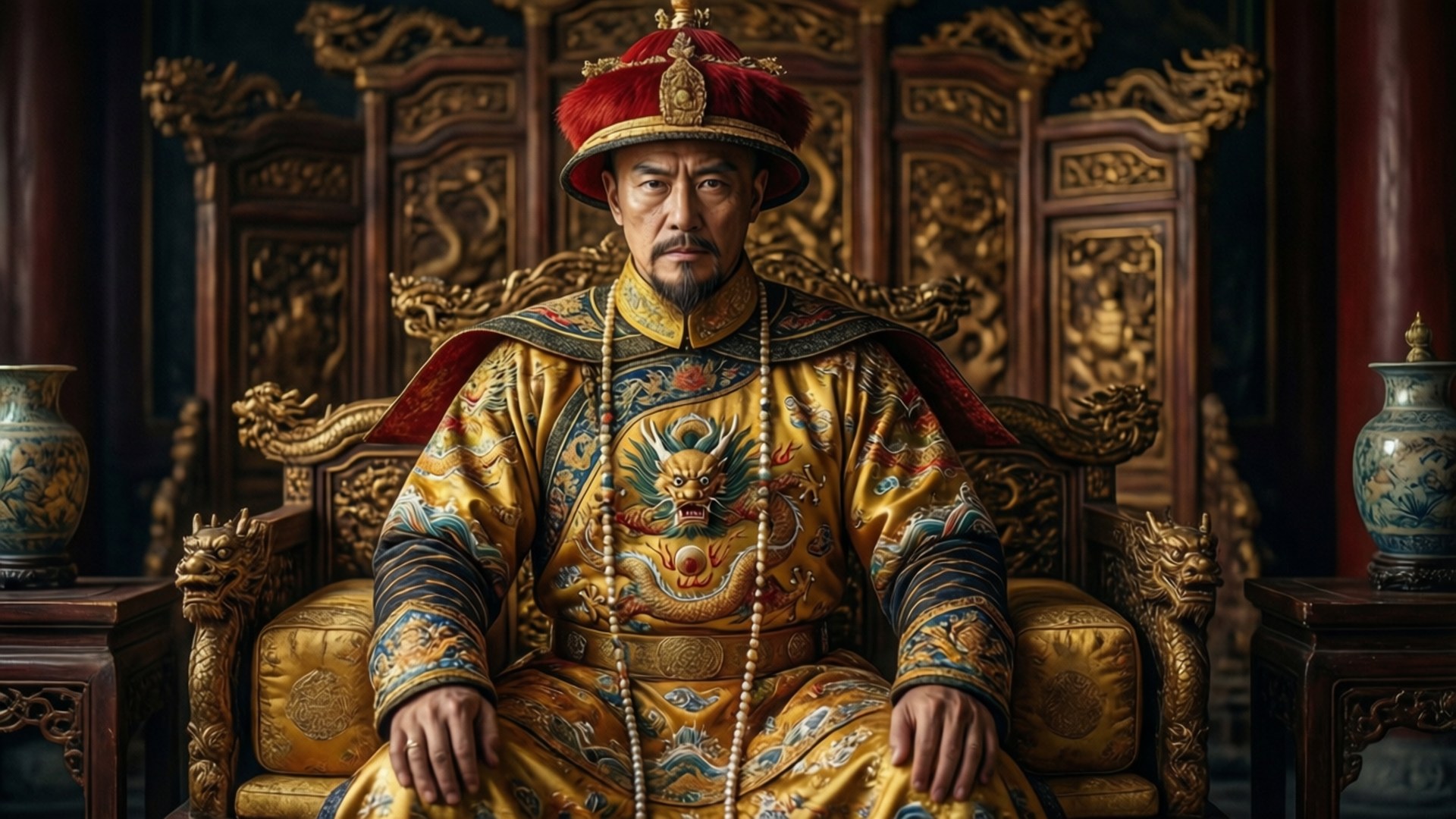 Qing Dynasty 桌布 壁紙 — 一位嚴肅的皇帝身穿金色龍紋刺繡長袍，威嚴地坐在華麗的寶座上，身處裝飾華麗的帝國大廳。