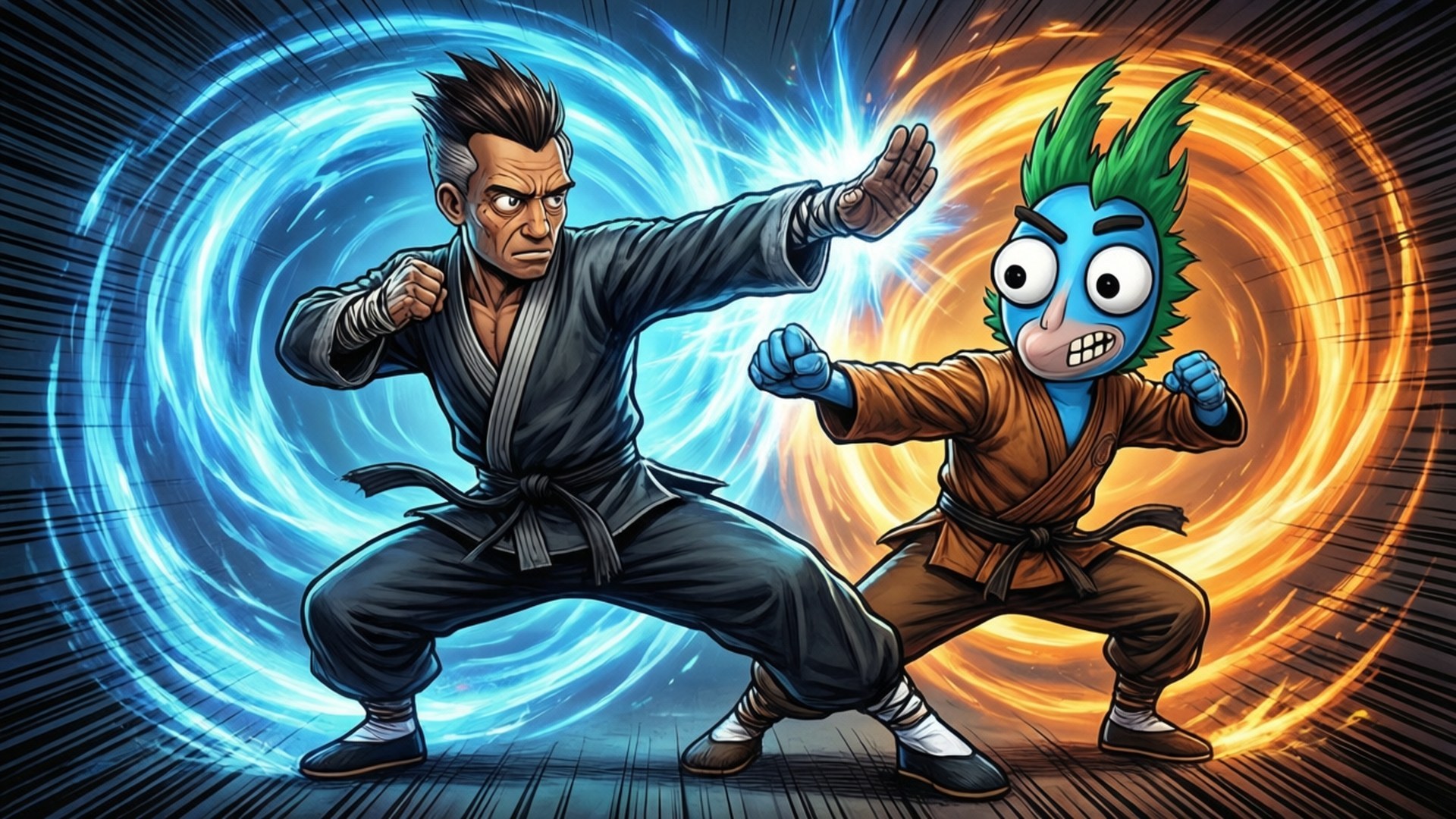 Death Kwon Do Duel 壁紙 — 一個嚴肅的人類武術家與一個藍皮膚的卡通角色在動態戰鬥姿勢中碰撞，周圍環繞著旋轉的藍色和橙色能量漩渦。