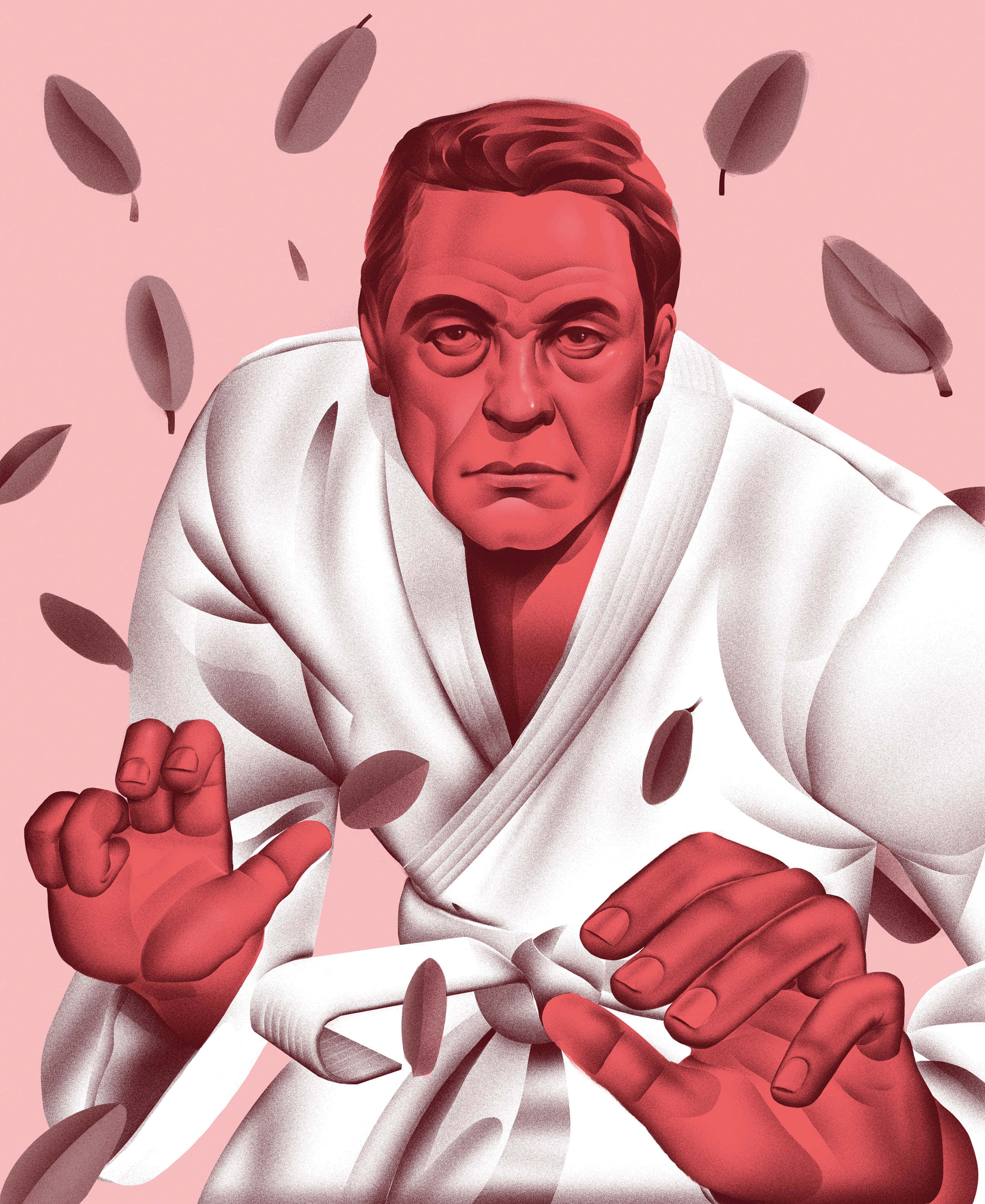 Rickson Gracie 桌布 壁紙 — 一個嚴肅的男人穿著白色道服，站在柔和的粉紅色背景下，周圍有深色羽毛飄落。