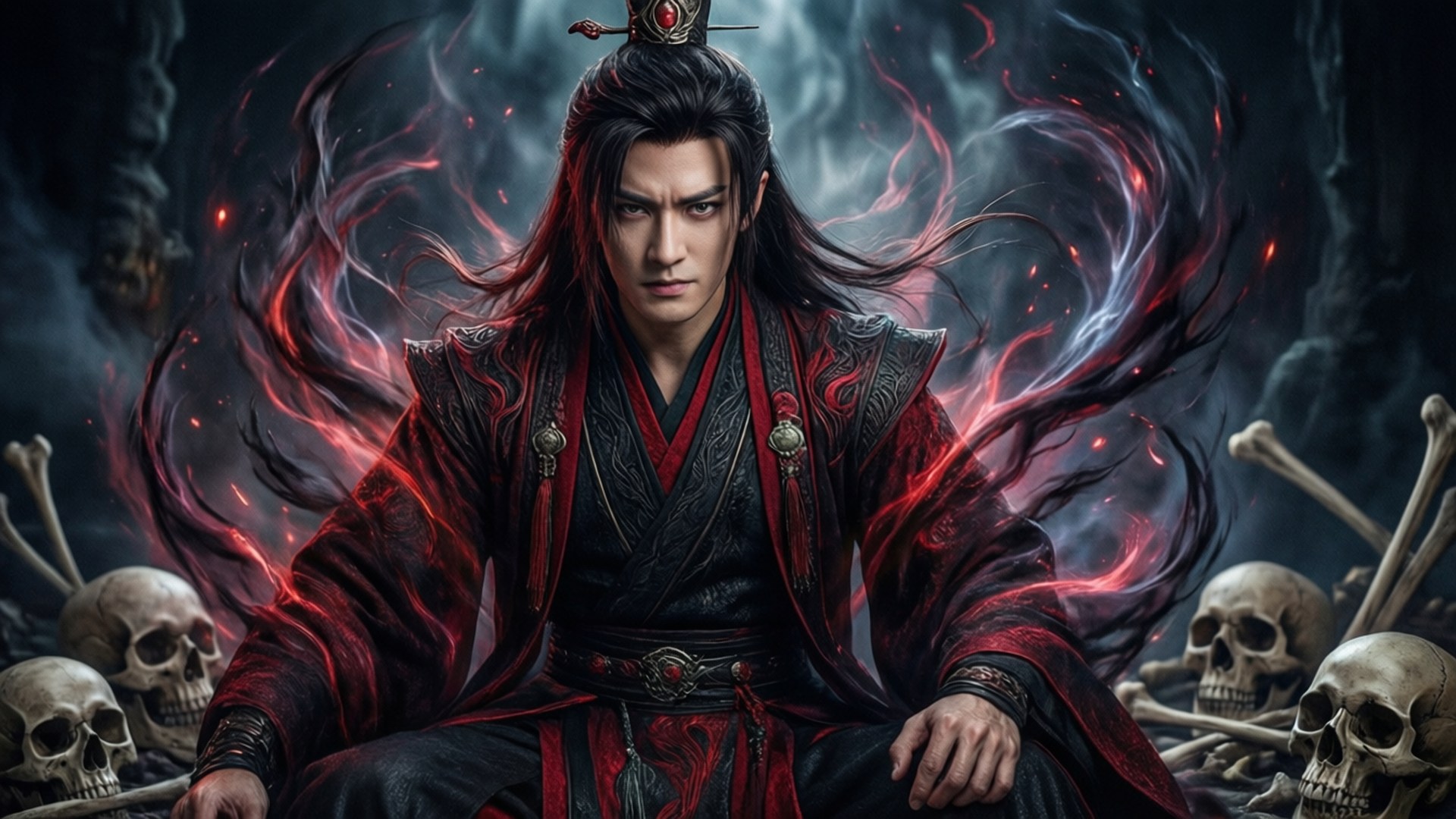 Yiling Patriarch Emerges 壁紙 — 一個嚴肅的戰士穿著紅色和黑色的長袍，坐在骷髏頭中，周圍有旋轉的紅色和白色能量。