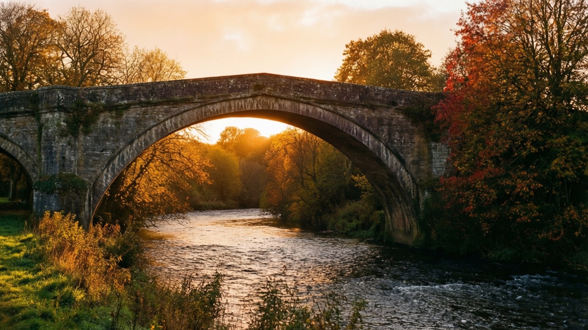 Autumn Bridge Sunset 壁紙 — 一座石拱橋橫跨河流，金色夕陽下，秋樹閃耀著溫暖色調。