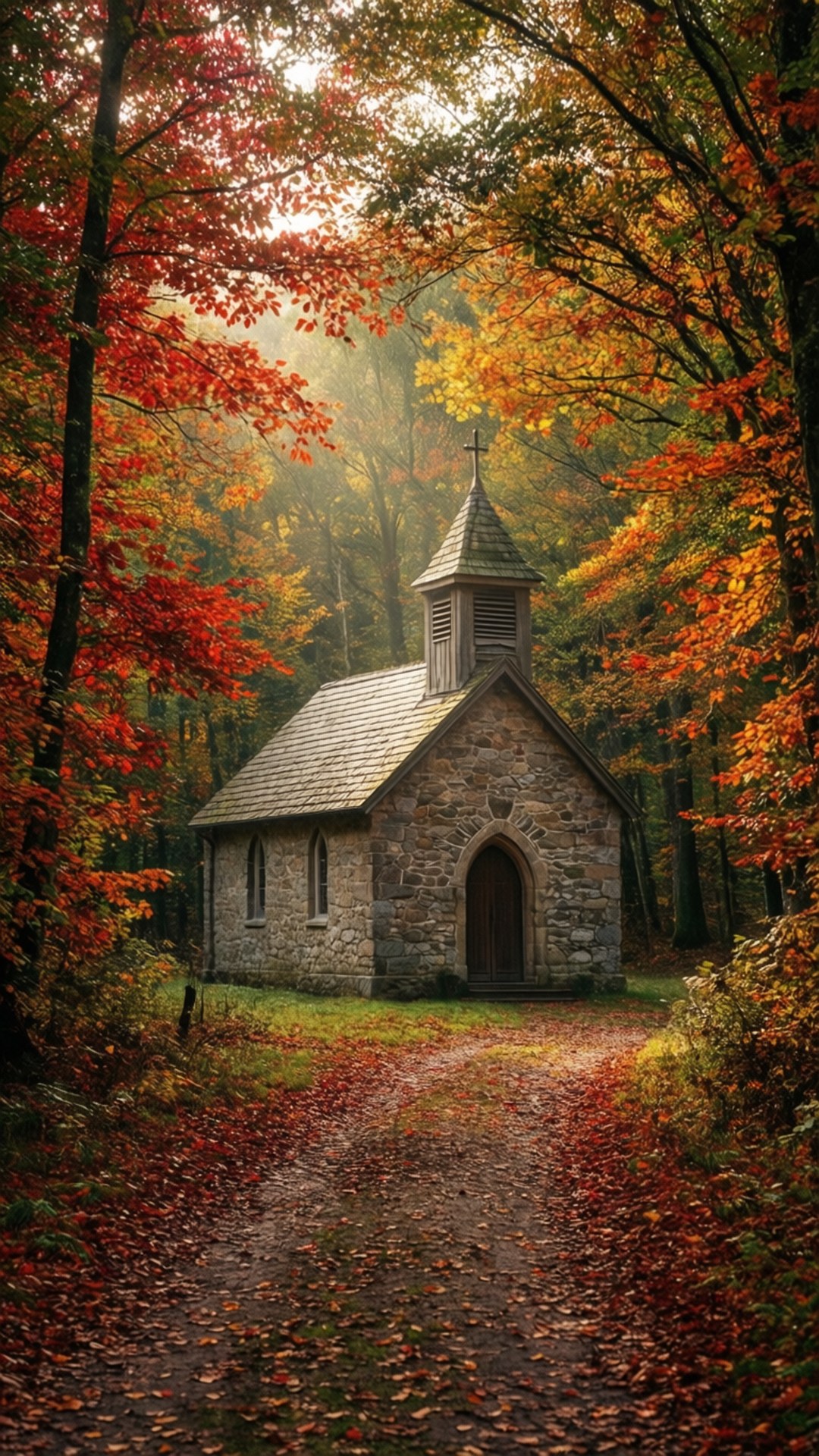 Autumn Church in Forest 壁紙 — 一座帶有十字架的石砌小教堂坐落在沐浴在秋日陽光下的森林中，樹葉呈現紅色、橙色和黃色。