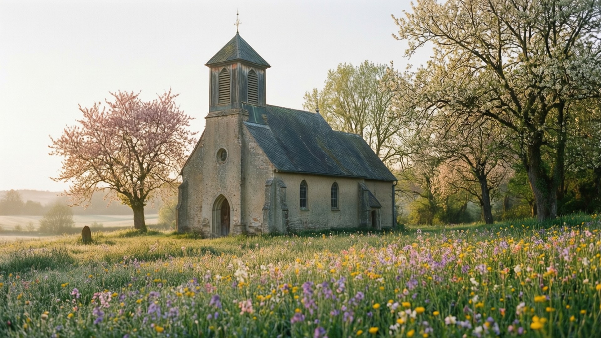 Spring Flower Church 壁紙 — 一座石板屋頂的石頭教堂矗立在陽光明媚的野花田裡，周圍是盛開的樹木。