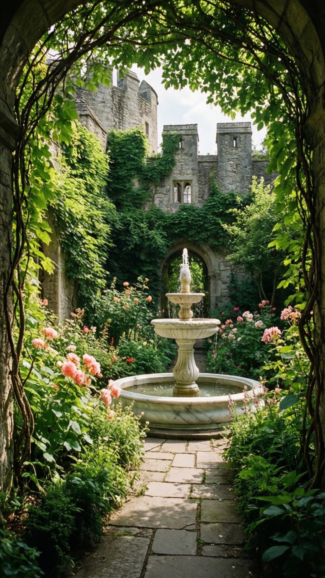 Castle Secret Garden 壁紙 — 一個石噴泉在陽光明媚的花園中流淌，周圍環繞著綠葉成蔭的涼亭，背景有粉紅玫瑰和古城堡牆。