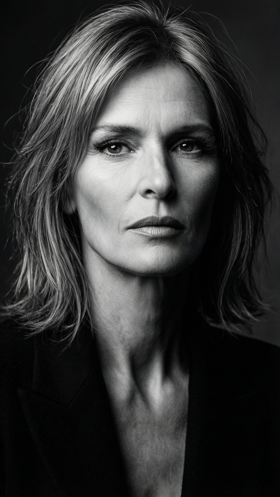 Yasmin Le Bon 桌布 壁紙 — 一個引人注目的黑白肖像，一位擁有及肩長髮的女性，以嚴肅的表情直視相機。