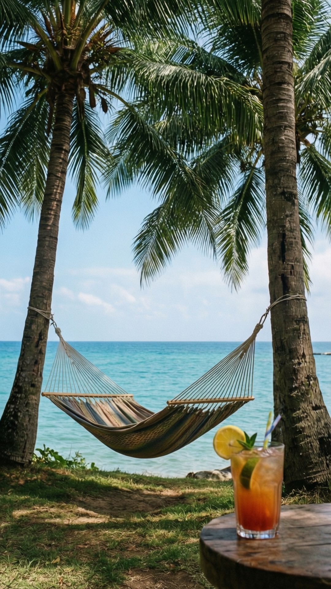 Hammock Paradise View 壁紙 — 一條條紋吊床掛在棕櫚樹之間，俯瞰著碧綠色的海洋，附近的木桌上放著一杯熱帶飲料。