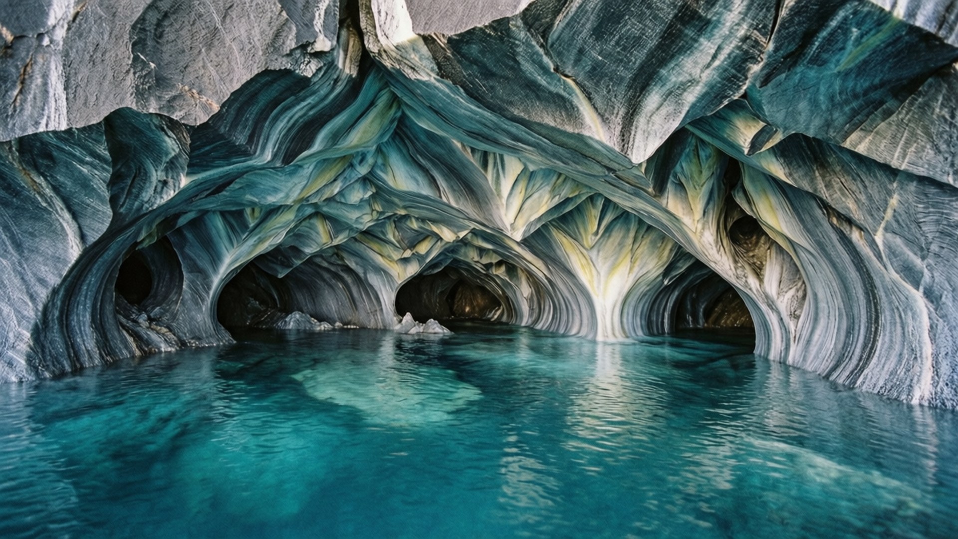 Marble Caves Wonder 壁紙 — 一個令人驚嘆的洞穴，帶有漩渦狀的藍綠色和灰色大理石牆壁，反射在清澈的藍綠色水中。
