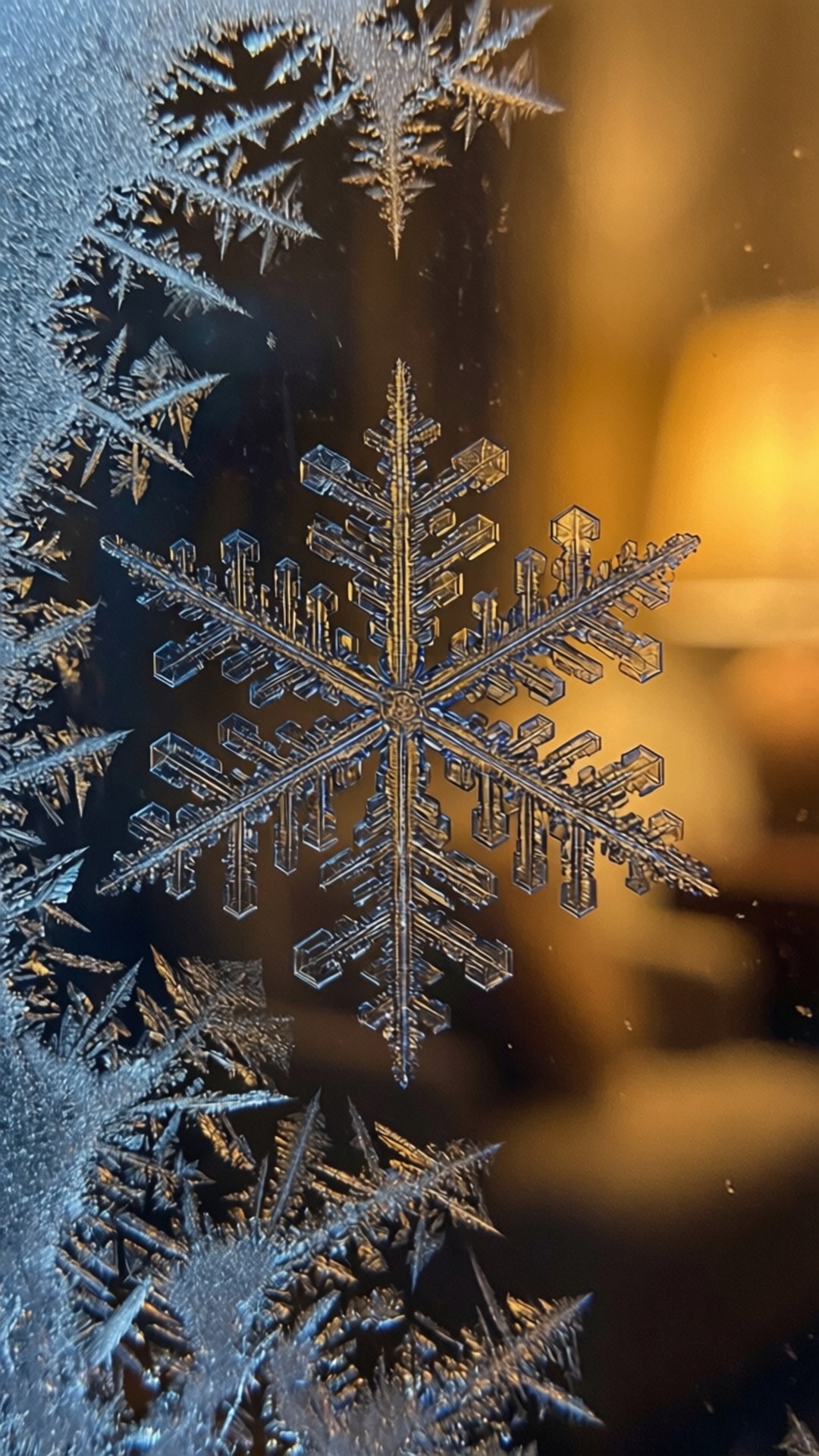 Snowflake on Window 壁紙 — 一個令人驚嘆的特寫鏡頭，捕捉到玻璃上形成的複雜冰晶，背景中溫暖的金色光芒柔和地閃耀。