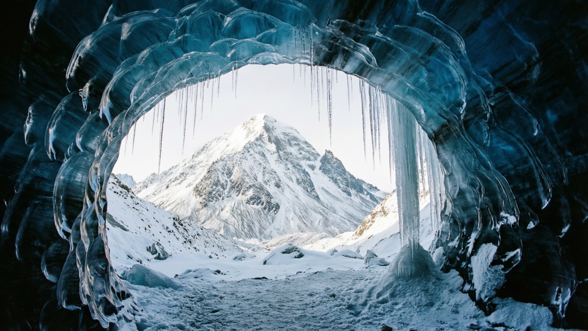 View from an Ice Cave 壁紙 — 一個令人驚嘆的景色，一座積雪的山峰被天然冰拱門和懸掛的冰柱框住。