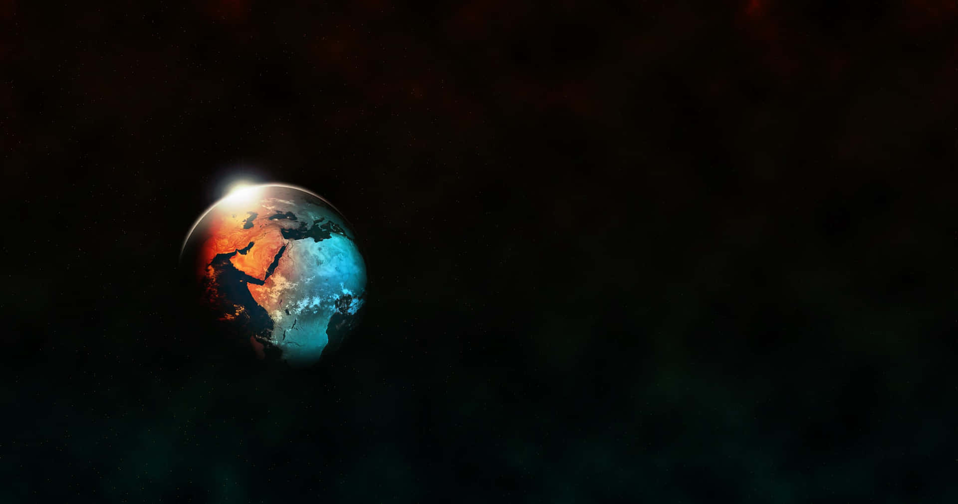  壁紙 — 從太空看到的地球壯麗景色，發光的日出照亮了黑暗宇宙背景下的陸地和海洋。