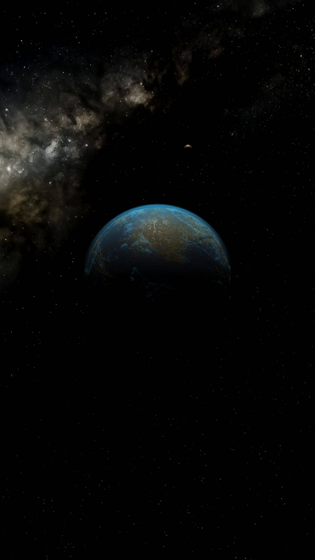 從太空看地球，背景有星星和星系 — 暗色 壁紙