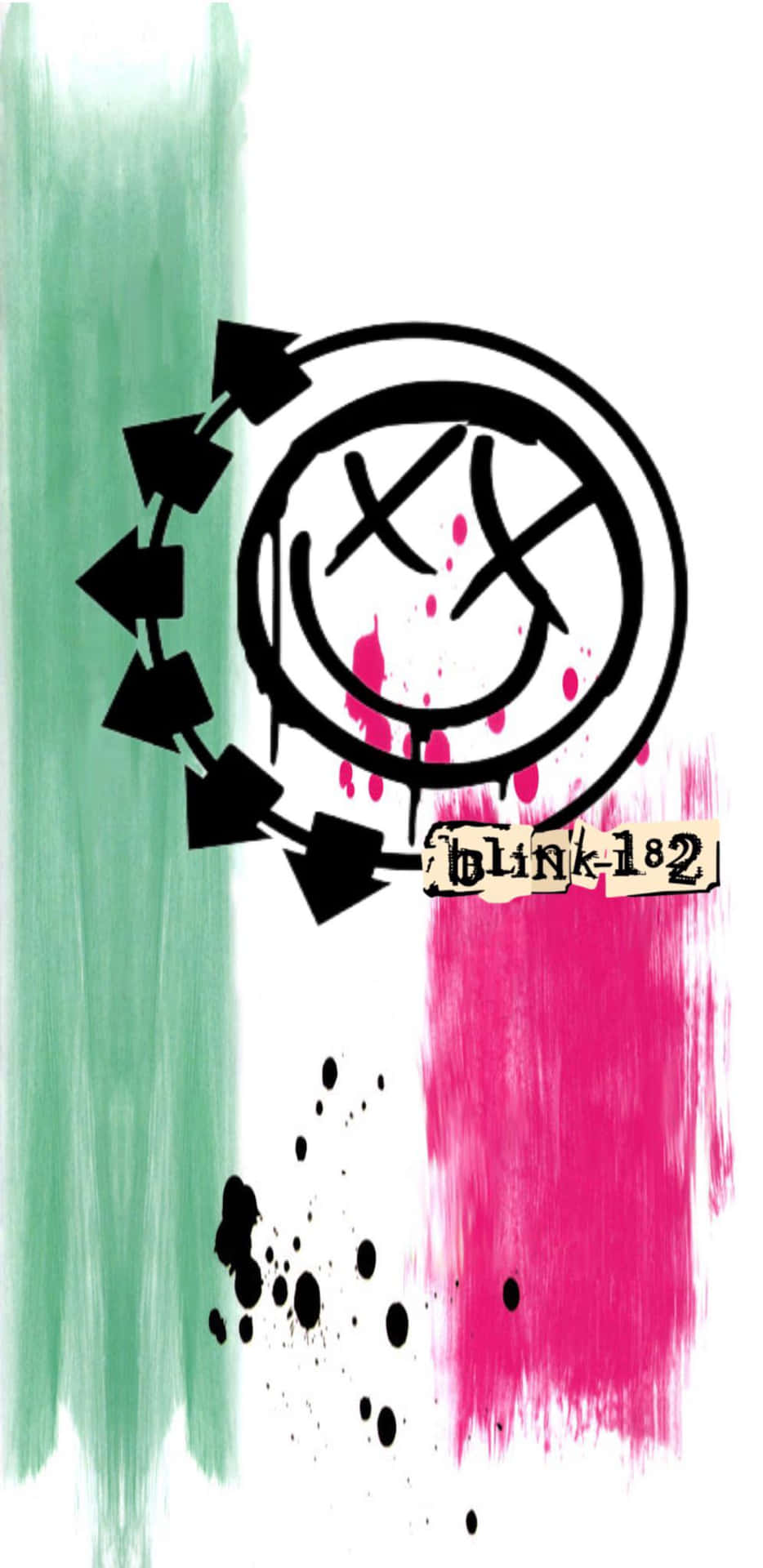  壁紙 — 一個風格化的 Blink-182 標誌，帶有笑臉和箭頭，在綠色、粉紅色和白色的筆觸背景上旋轉。