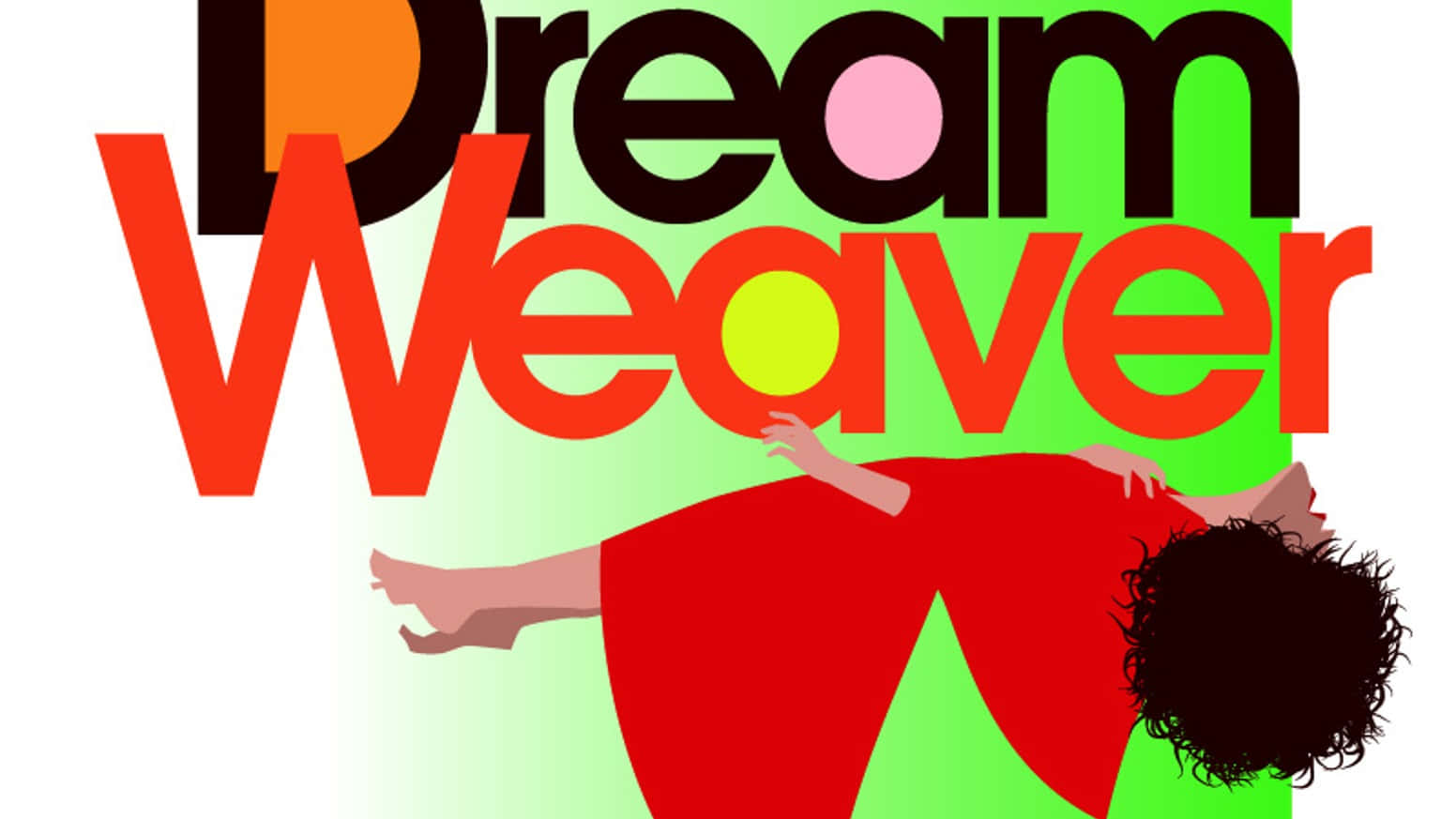  壁紙 — 一個風格化的紅色人物躺在大膽復古字體 'Dream Weaver' 下方，背景為綠色漸變。